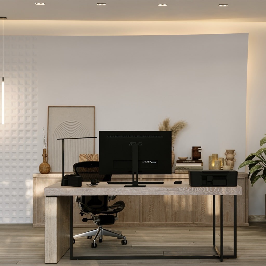 4. Light-Framed Desk with Soft Ambient Wall Glow - minimal office ideas