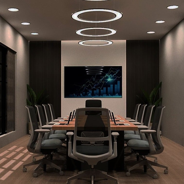 5. Evening Conference Setting with Circular LED Rings - minimal office ideas