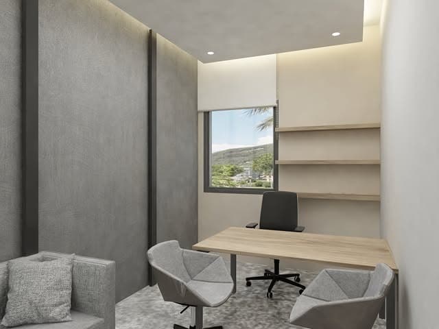 6. Compact Office with Soft Greige and Wood Shelving - minimal office ideas