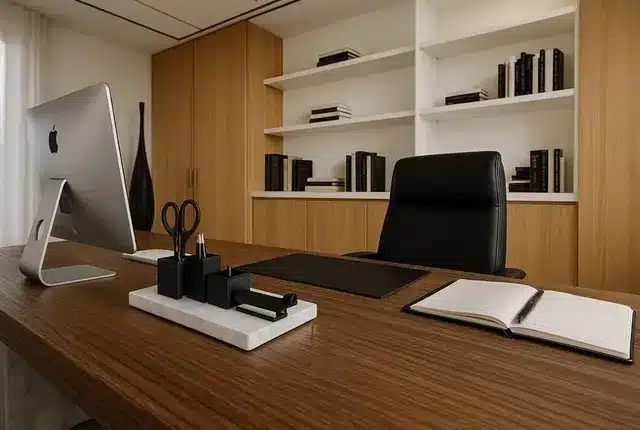 7. Structured Workspace with Natural Wood and Matte Black - minimal office ideas