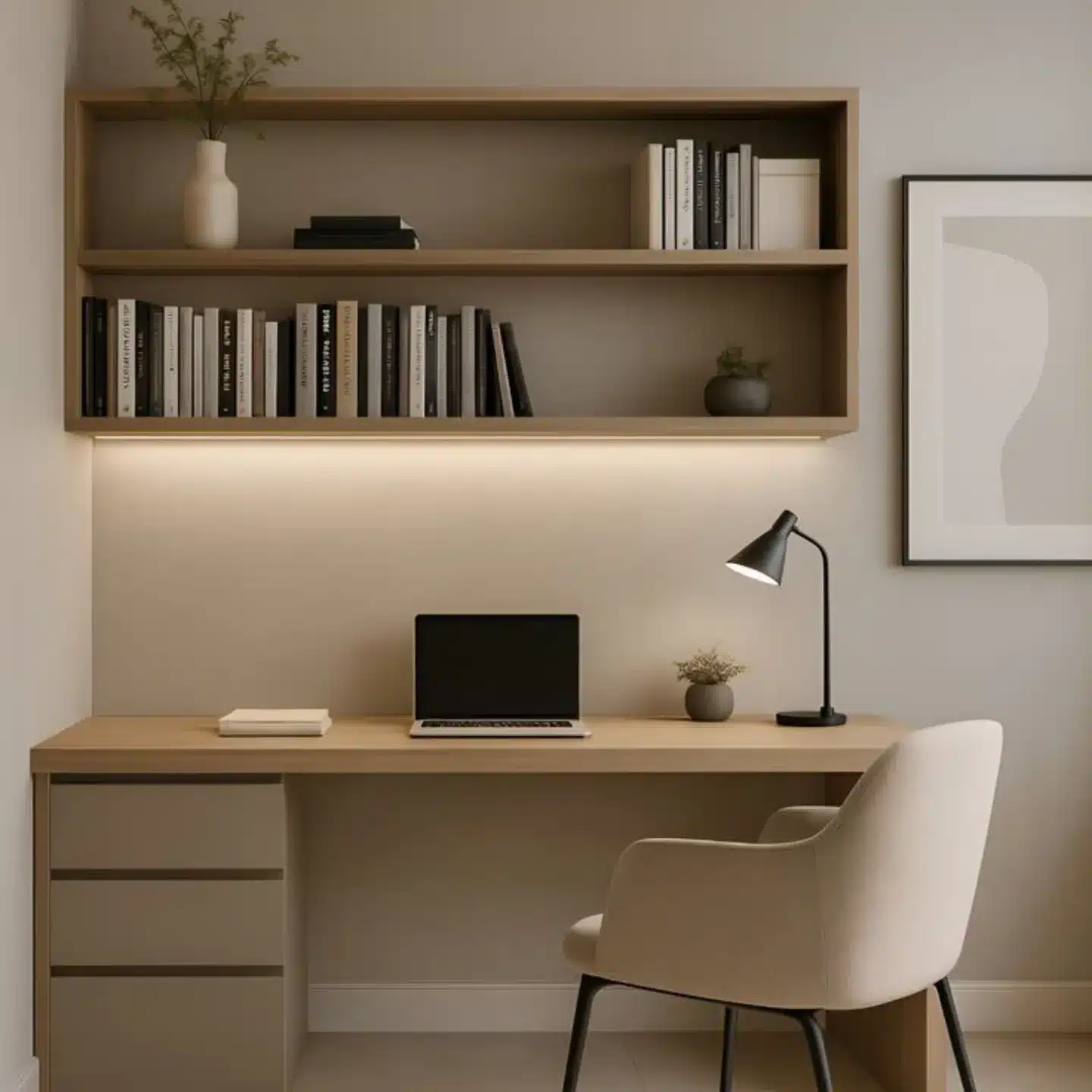 8. Simple Study Nook with Soft Lighting and Minimal Shelving - minimal office ideas