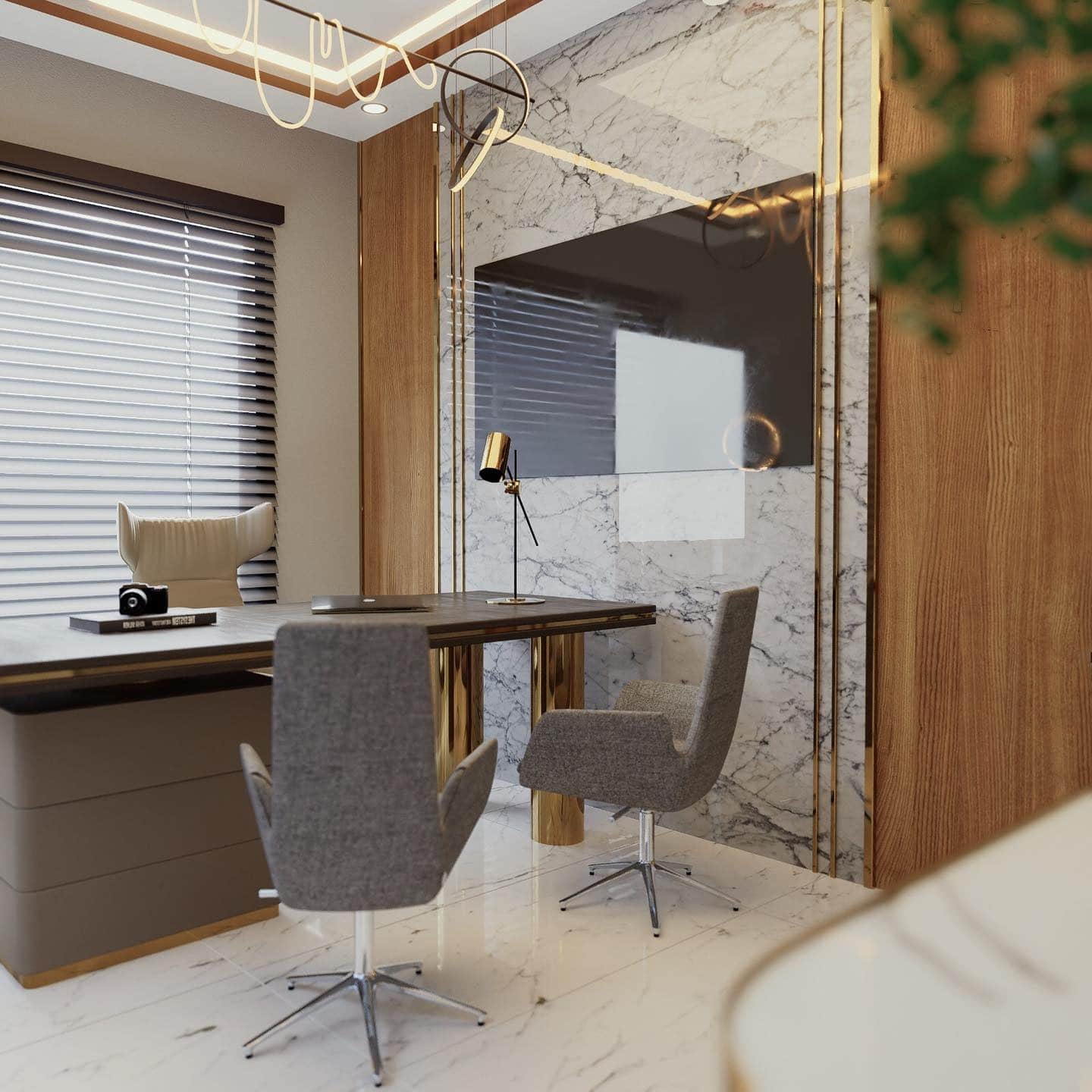 9. Marble-Wood Executive Workspace with Gold Accents - minimal office ideas