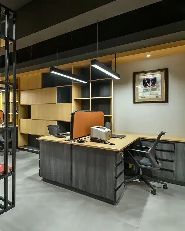 10. Geometric Office with Mixed Wood Storage - minimal office ideas