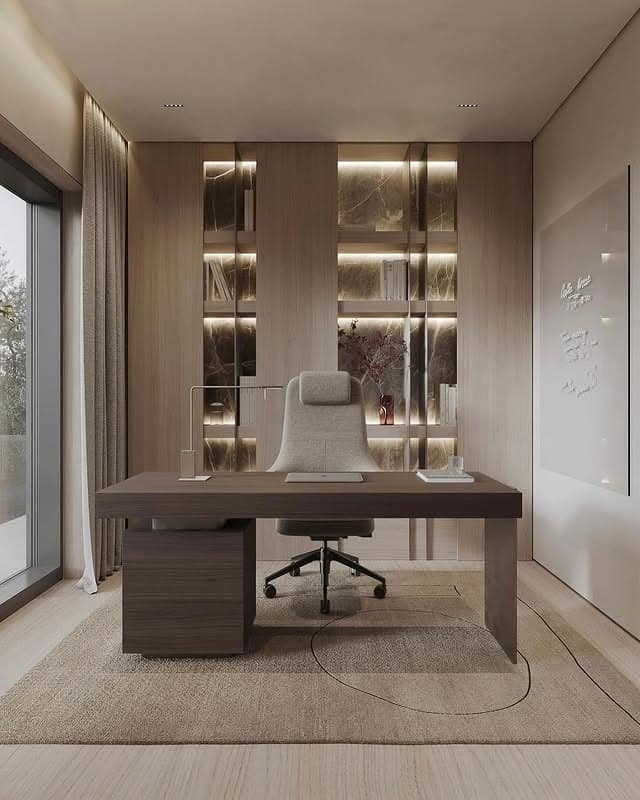 11. Warm Walnut Workspace with Soft Lighting - minimal office ideas