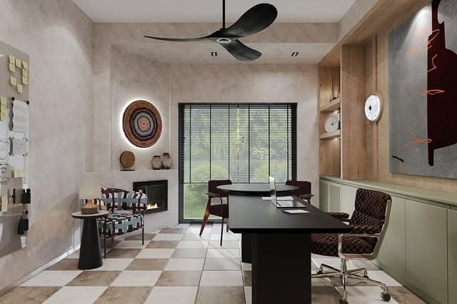 15. Artful Modern Studio with Checkered Flooring - minimal office ideas