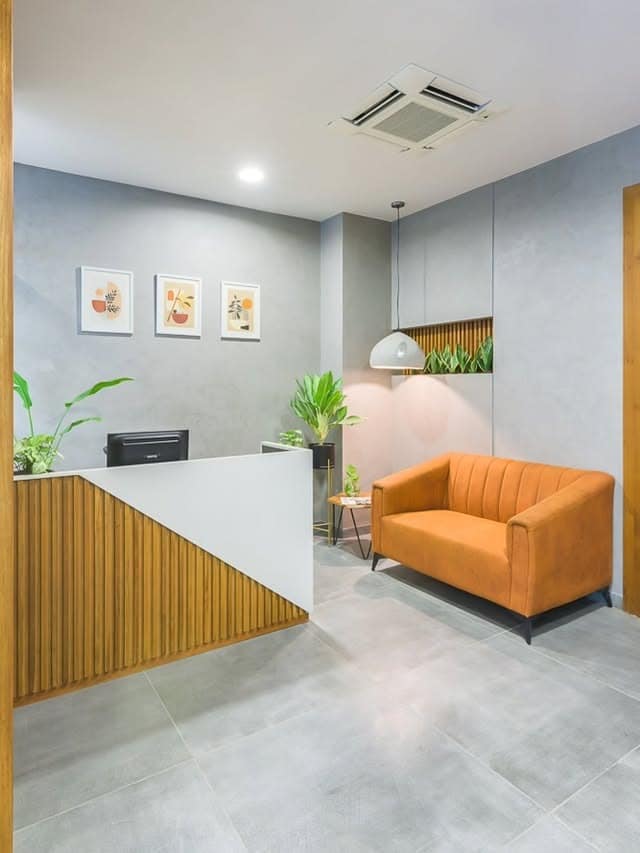 16. Contemporary Reception with Terracotta Seating - minimal office ideas