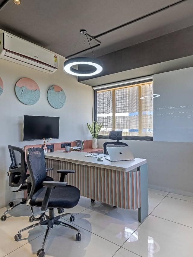 17. Striped Pastel Office with Circular Pendant - minimal office ideas