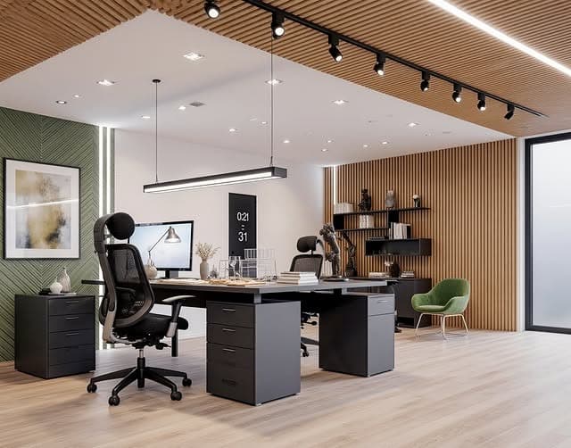 18. Black-and-Wood Studio with Linear Lighting - minimal office ideas