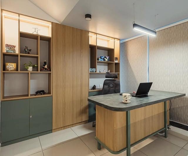 19. Two-Tone Wood Workspace with Soft Display Shelves - minimal office ideas