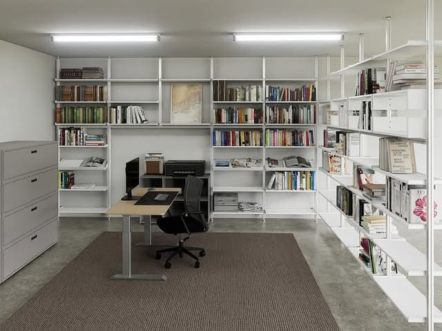 20. Monochrome Library Office with Open Shelving - minimal office ideas
