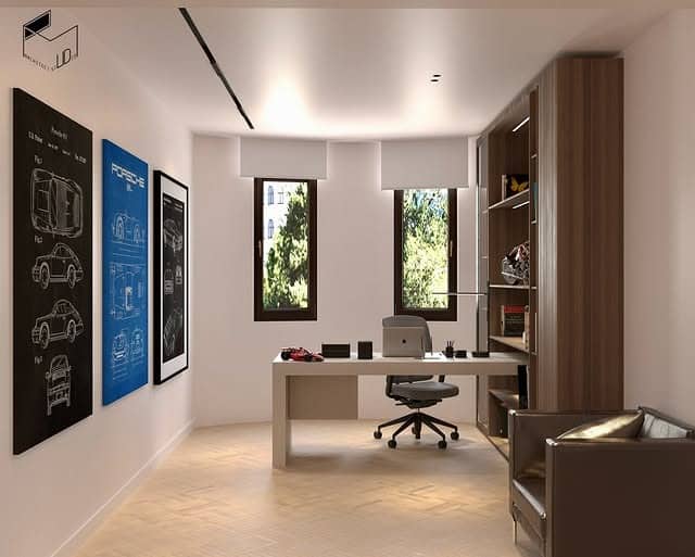 21. Light Taupe Workspace with Automotive Wall Art - minimal office ideas