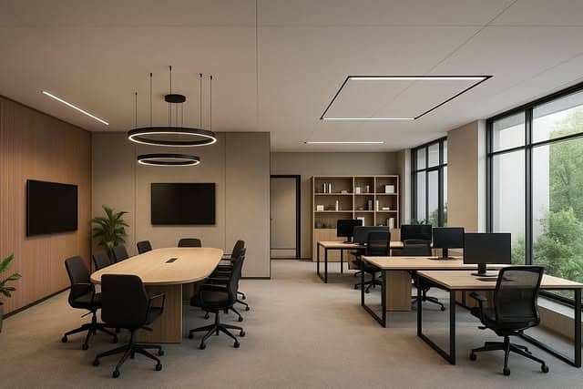 22. Modern Collaborative Suite in Sand and Black - minimal office ideas