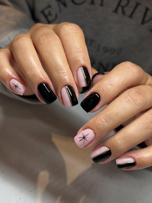 3. Soft Pink and Black Chrome Split Design - black chrome nail ideas