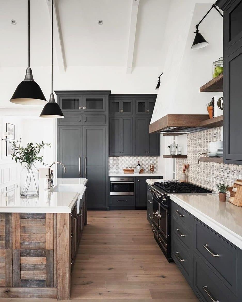 1. Charcoal Cabinetry With Rustic Island Contrast - barndo kitchen ideas