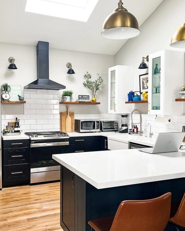 4. Black and White Contrast With Open Shelving Flair - barndo kitchen ideas