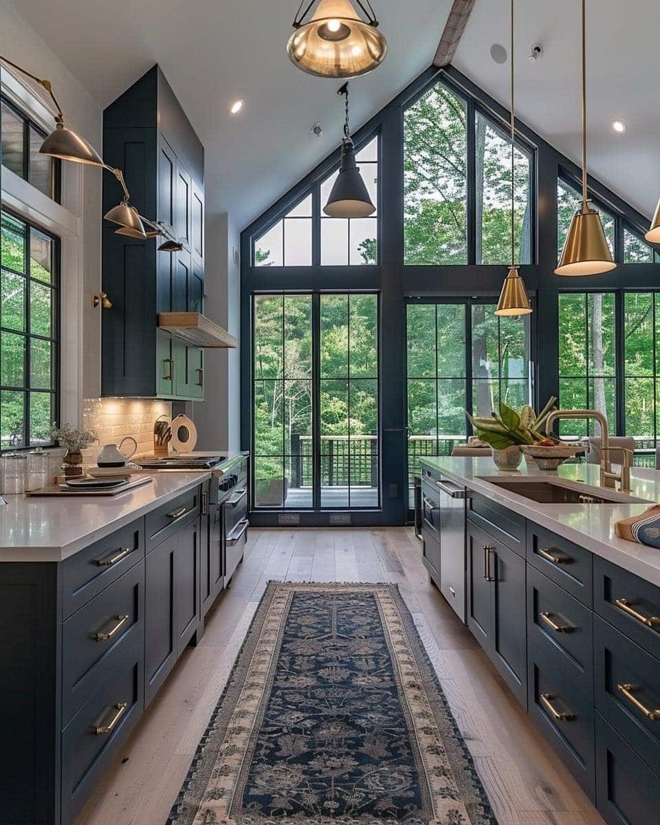 13. Deep Navy Cabinets and Gold Lighting Accents - barndo kitchen ideas