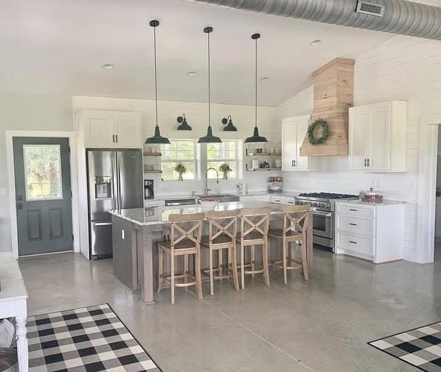 20. Shiplap White Kitchen With Soft Gray Island - barndo kitchen ideas