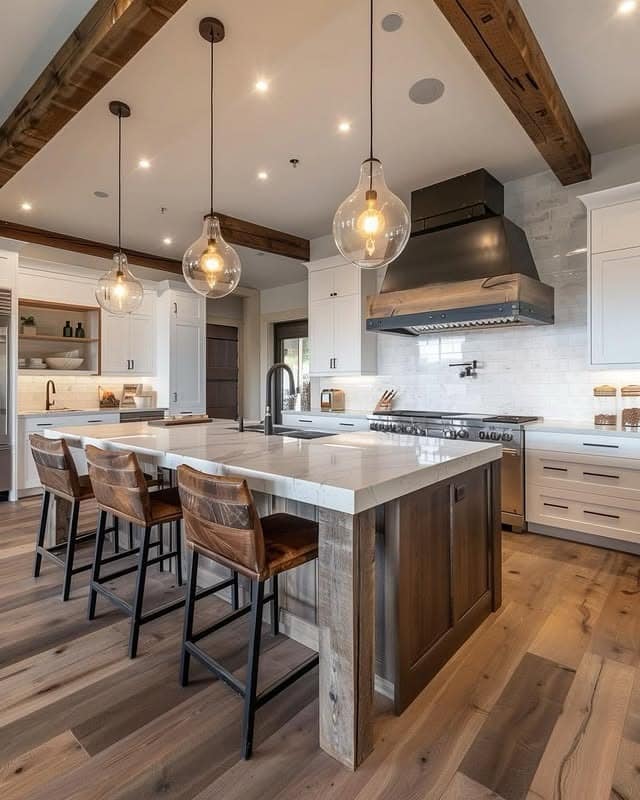 22. White and Wood Blended Kitchen With Oversized Glass Pendants - barndo kitchen ideas
