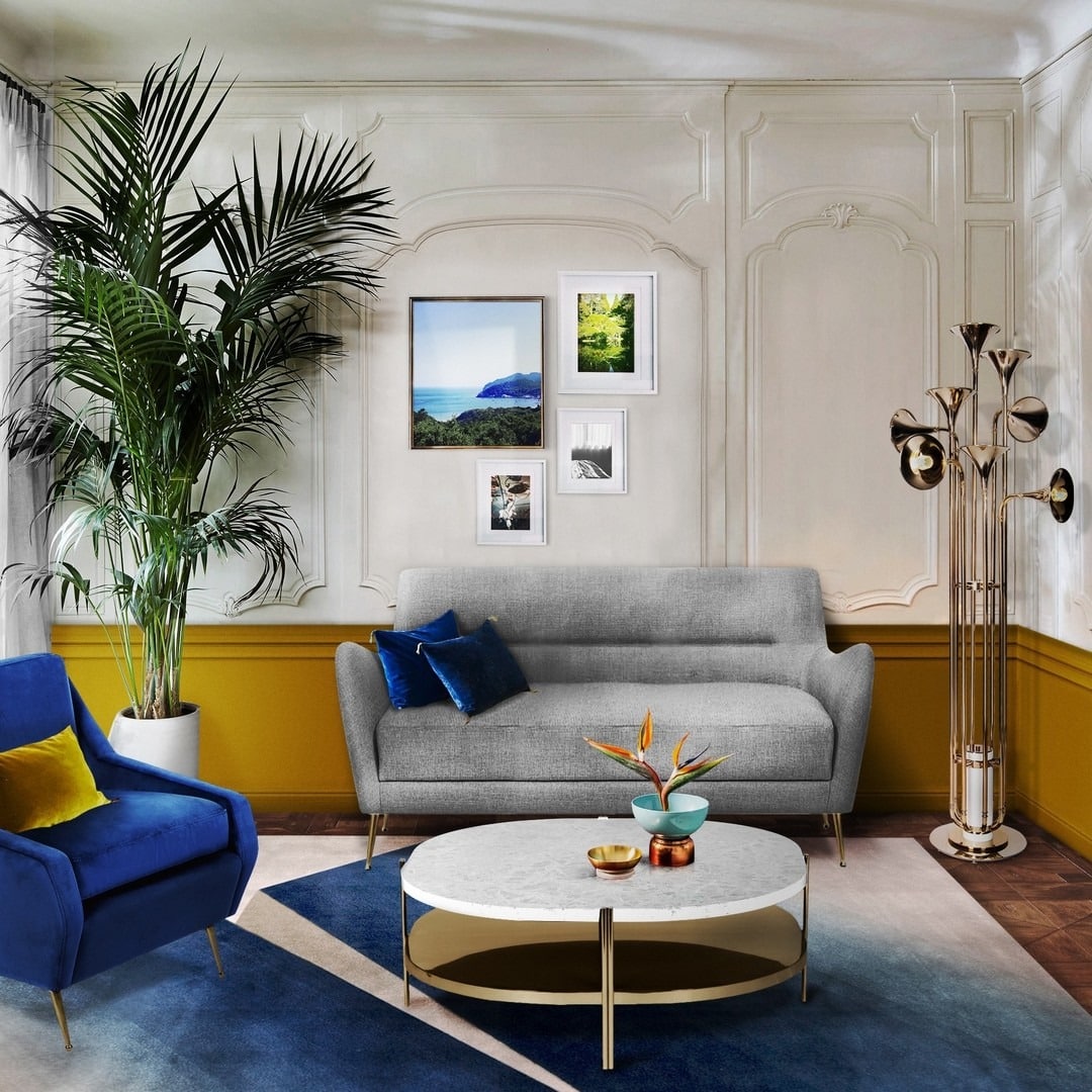 9. Refined Contrast with Deep Blue and Warm Mustard Trim - yellow and blue living room ideas