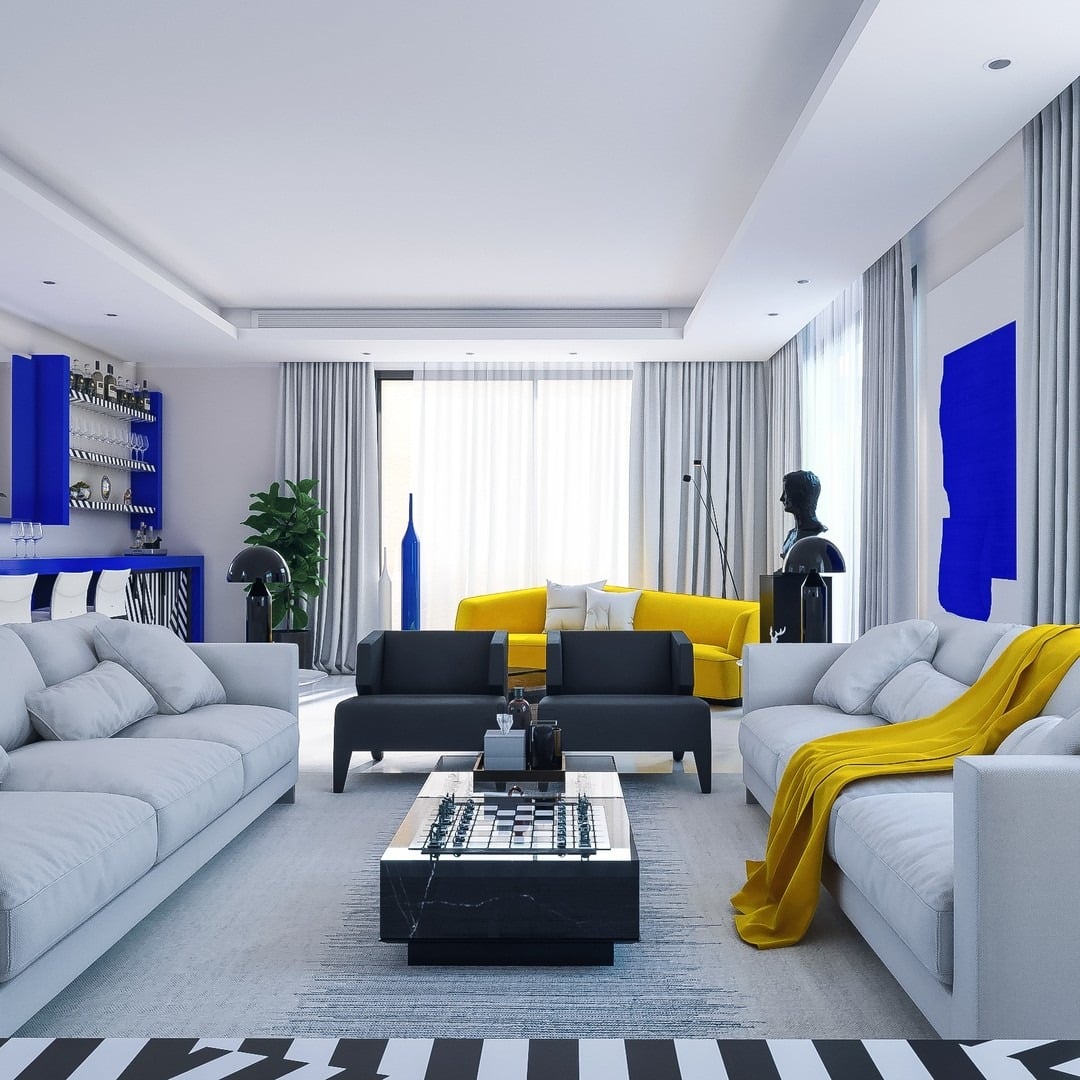 11. Contemporary Luxe with Electric Blue Accents - yellow and blue living room ideas
