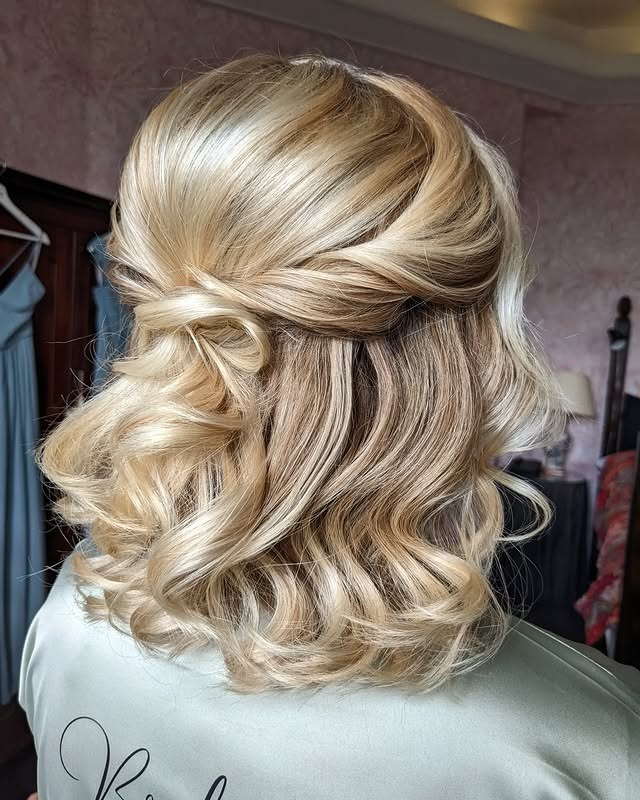 18. Soft Half-Up Curled Bob in Honey Blonde - Short Hairstyles