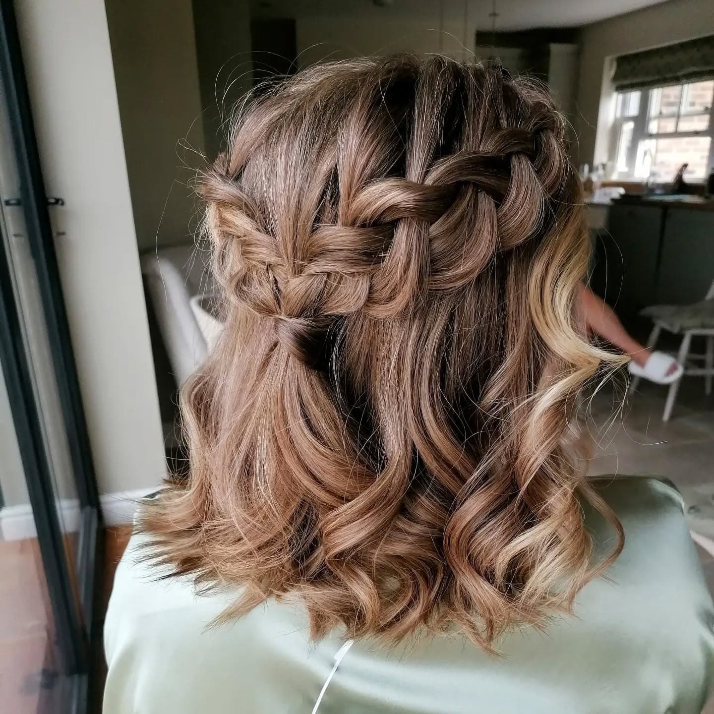 22. Soft Caramel Half-Up Waterfall Braid - Short Hairstyles