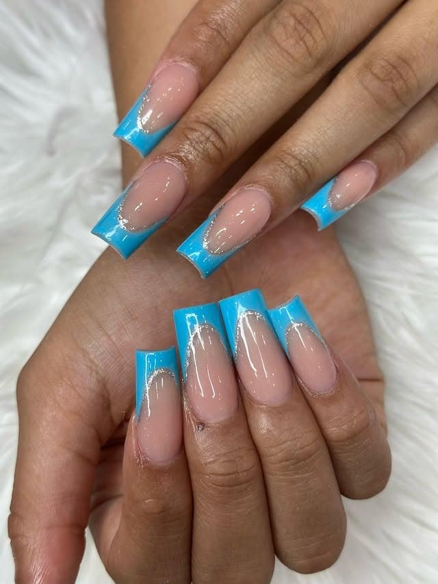 7. Aqua Silver-Line French Square - blue french nail ideas