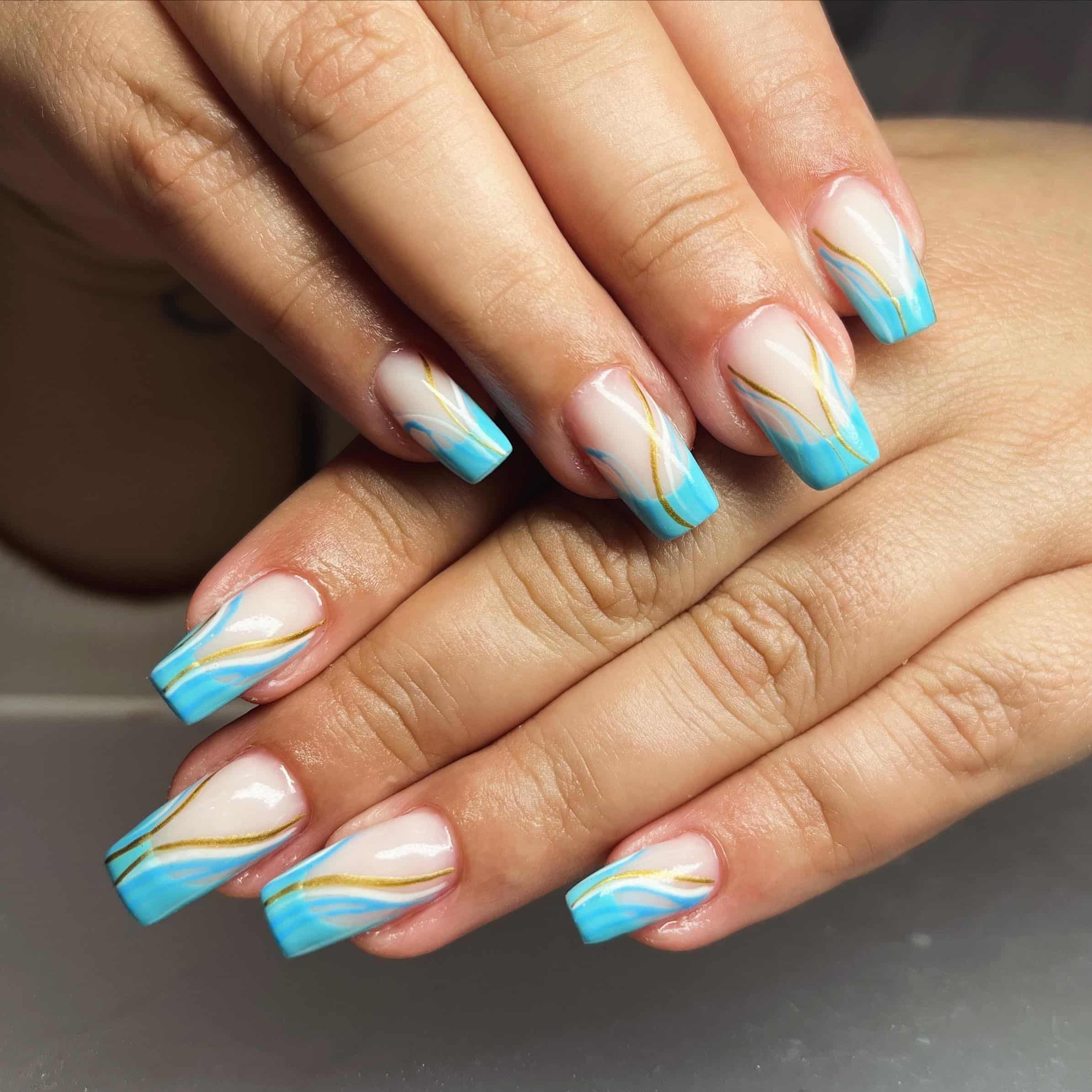 14. Aqua Ribbon Swirl French Square - blue french nail ideas