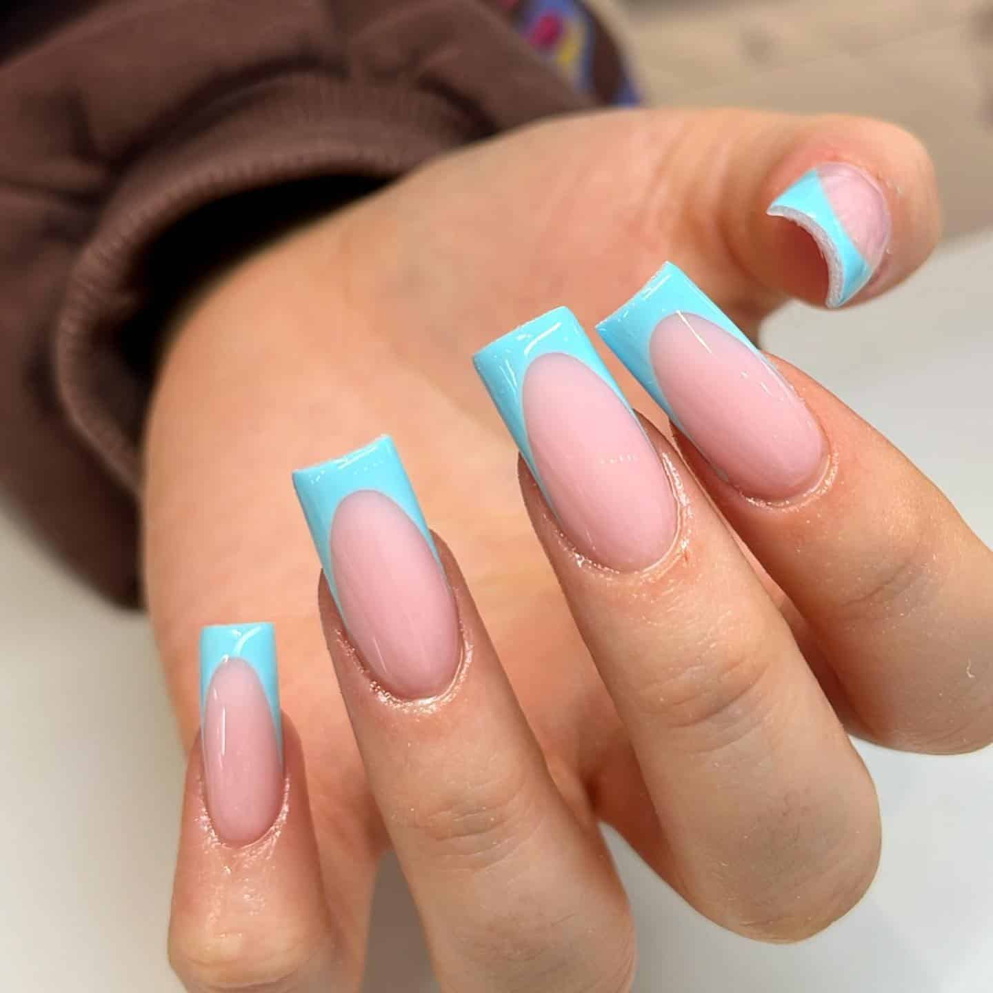 15. Sky-Blue Cutout French Square - blue french nail ideas