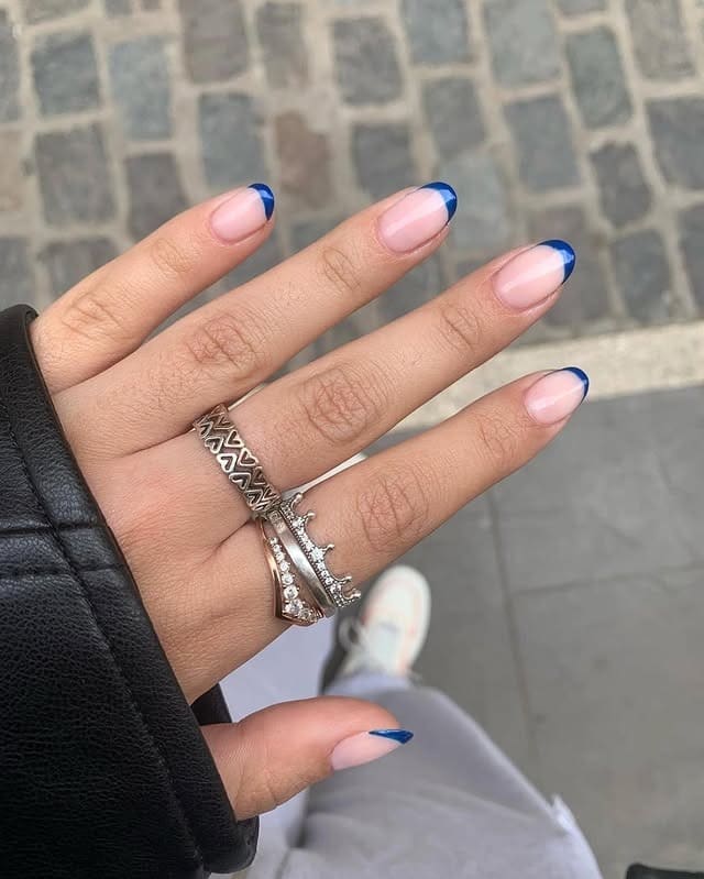 18. Midnight Blue Mini Almond French - blue french nail ideas