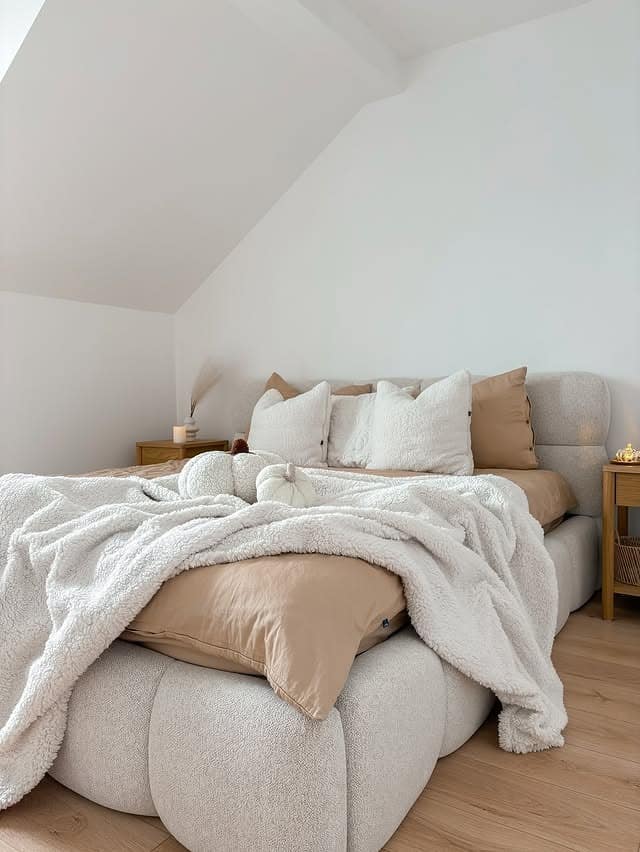 1. Soft Taupe Haven with Cozy Layering - fall bedroom ideas