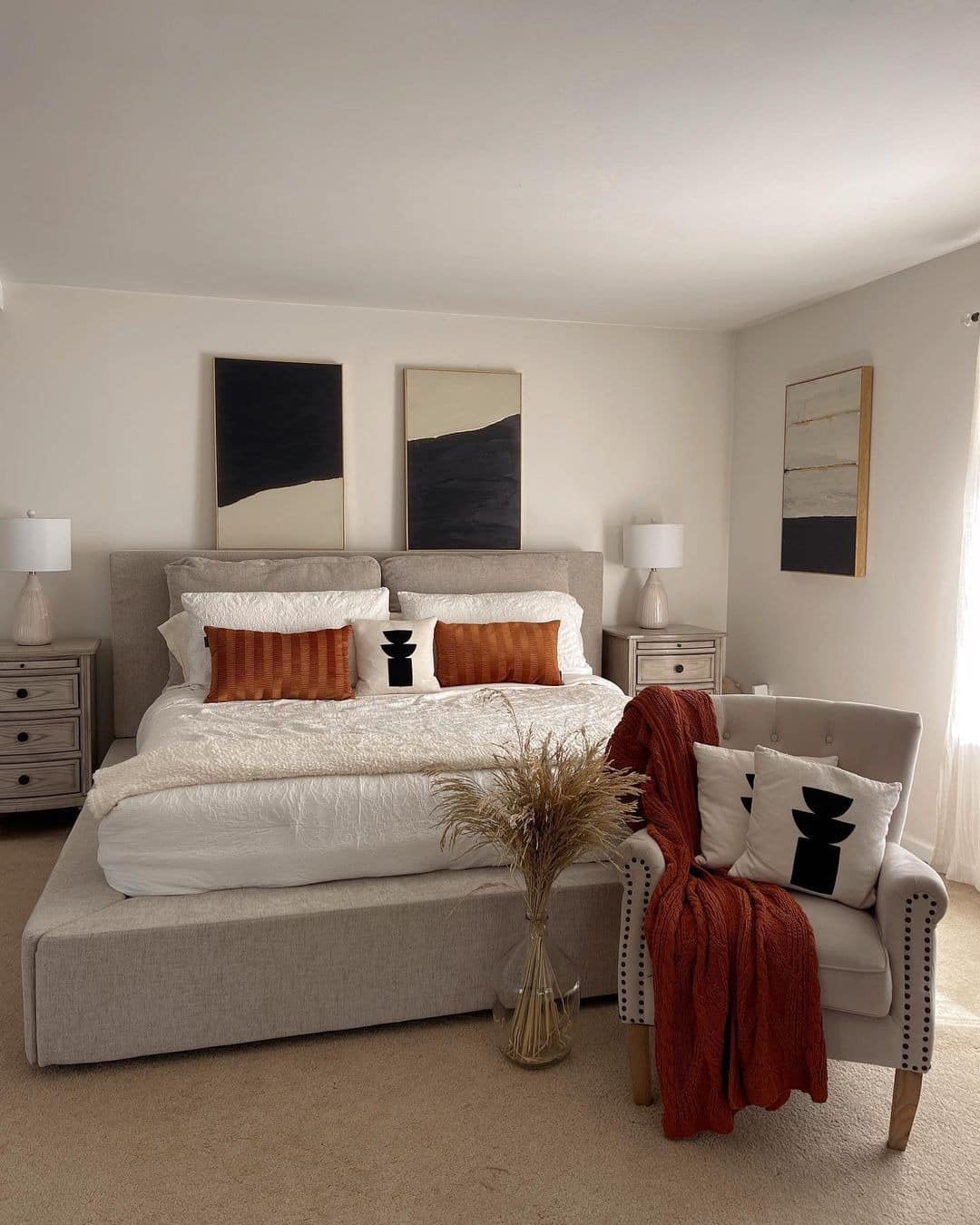 4. Modern Neutrals with Russet Accents - fall bedroom ideas