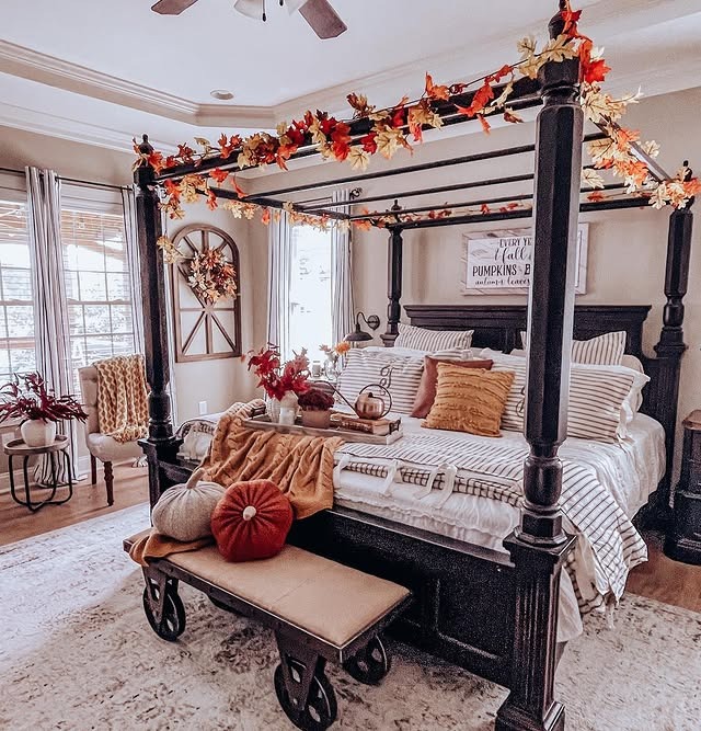 6. Autumn Harvest Canopy with Warm Golds and Rust - fall bedroom ideas