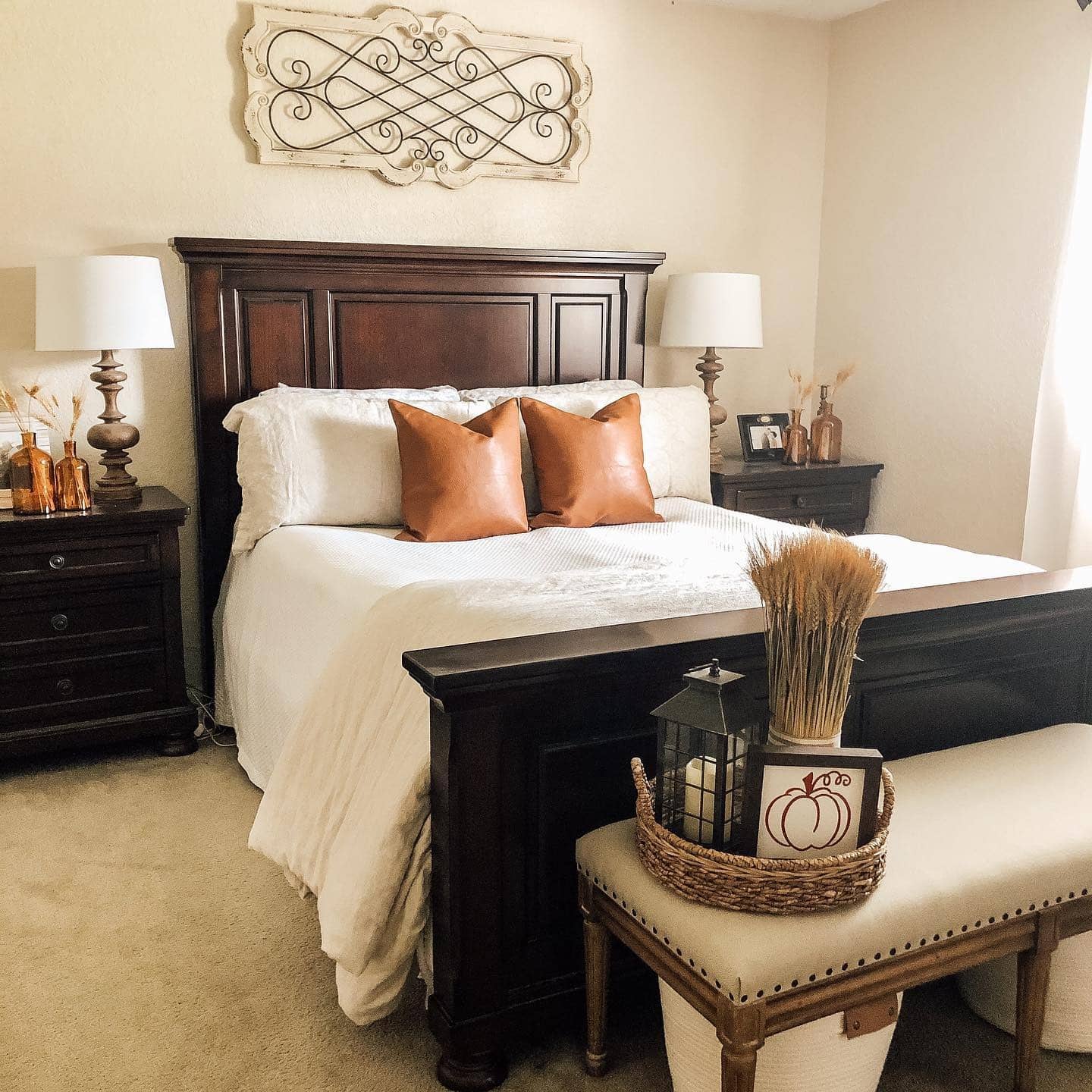 10. Warm Wood Elegance with Caramel Accents - fall bedroom ideas