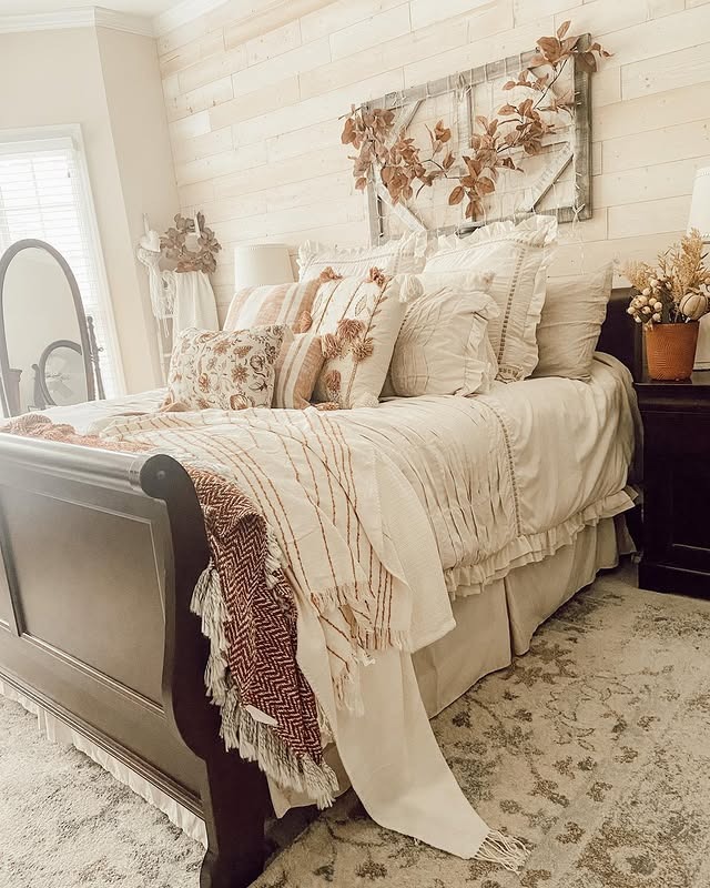12. Creamy Neutrals with Rustic Fall Layers - fall bedroom ideas
