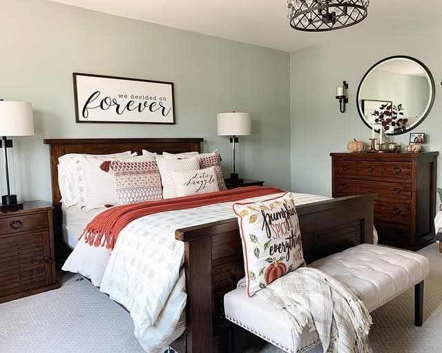 14. Sage Green Calm with Harvest-Tone Details - fall bedroom ideas
