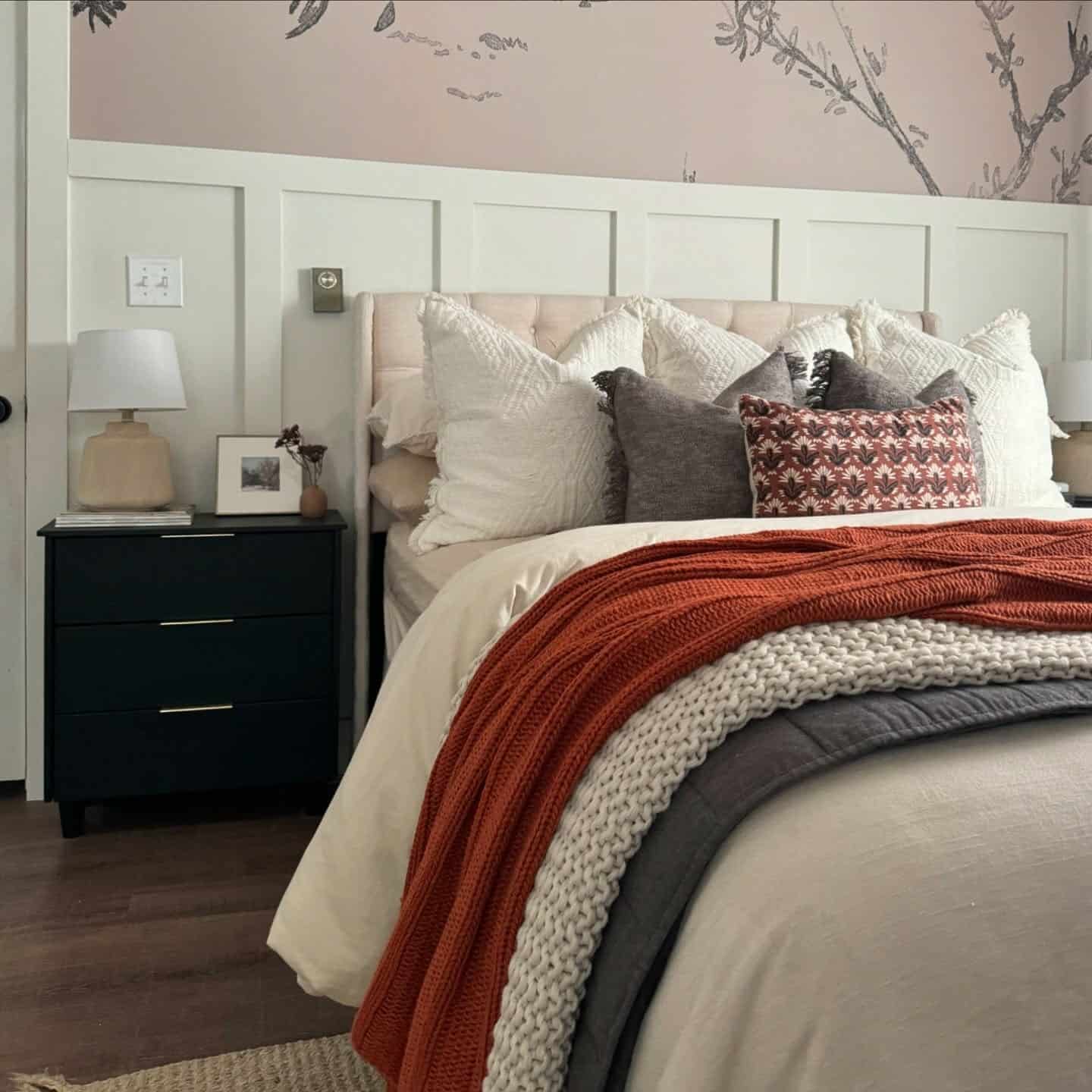 17. Warm Terracotta Layers with Soft Neutral Bedding - fall bedroom ideas