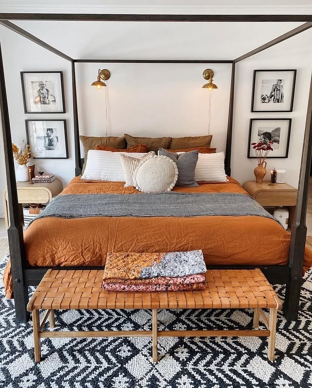 18. Amber Bedding with Graphic Modern Contrast - fall bedroom ideas
