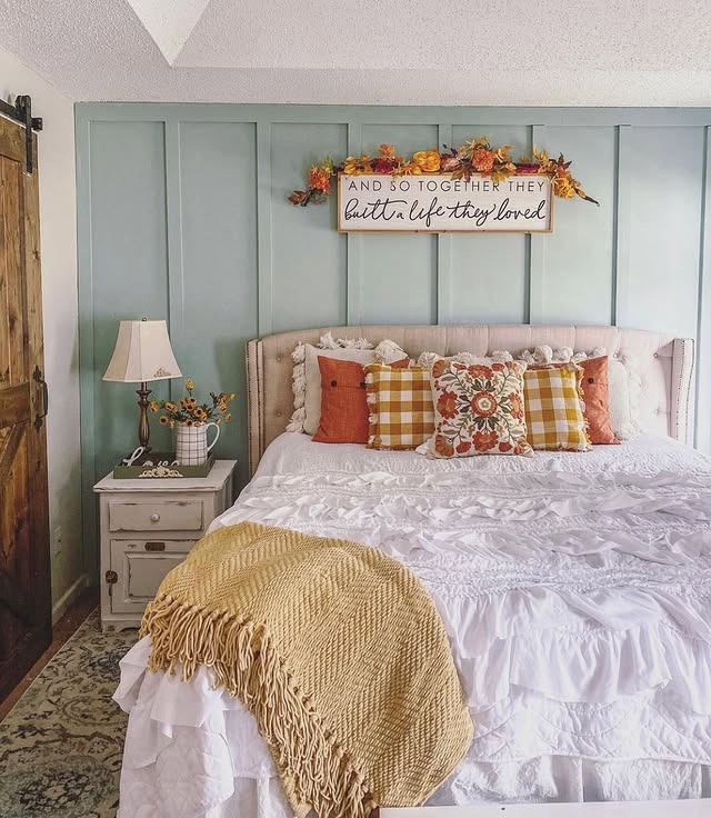 19. Golden Mustard Accents with Fresh Cottage Style - fall bedroom ideas