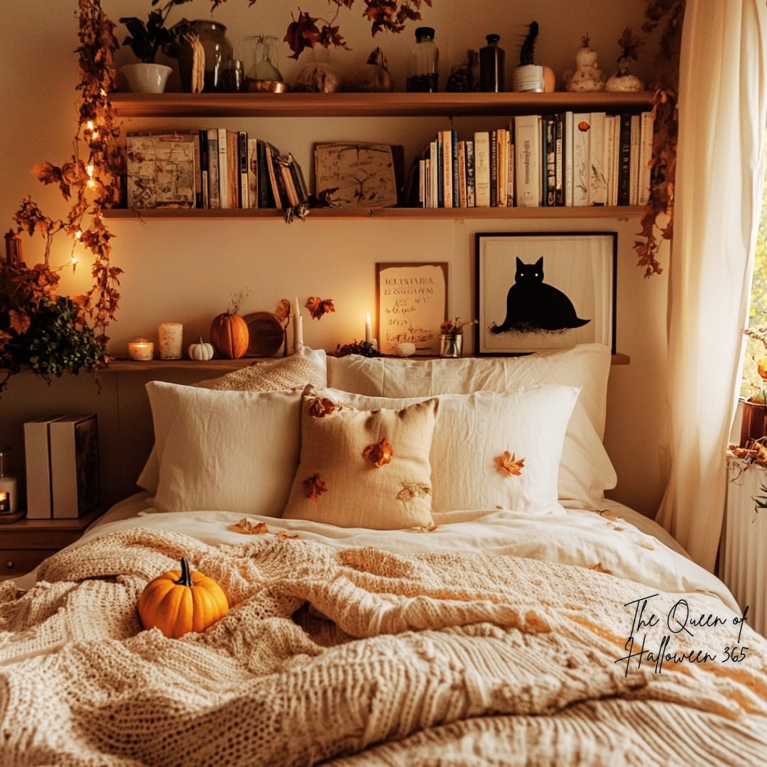 22. Cozy Book-Nook Style with Soft Autumn Golds - fall bedroom ideas