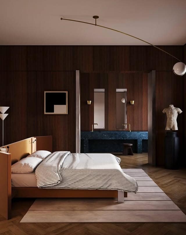 1. Walnut Modernism With Sculptural Accents - mid century bedroom ideas