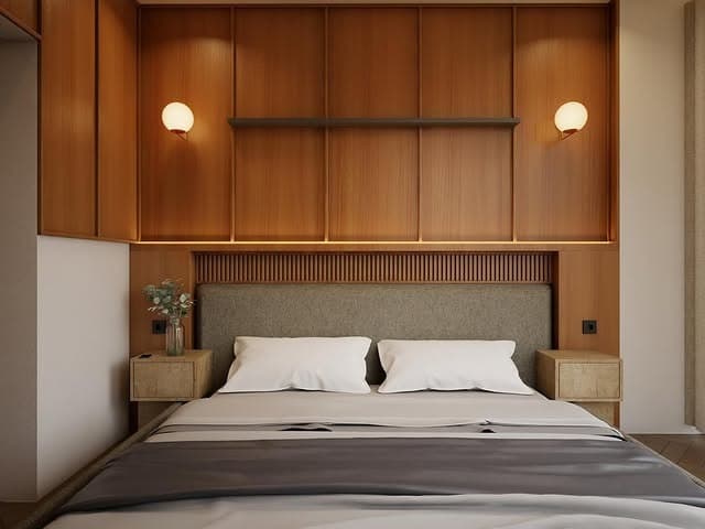 2. Soft Geometry in Warm Wood Tones - mid century bedroom ideas