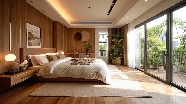 4. Open Mid-Century Retreat With Warm Neutrals - mid century bedroom ideas