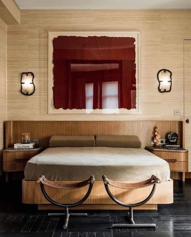 8. Textured Wood Elegance With Deep Red Art - mid century bedroom ideas