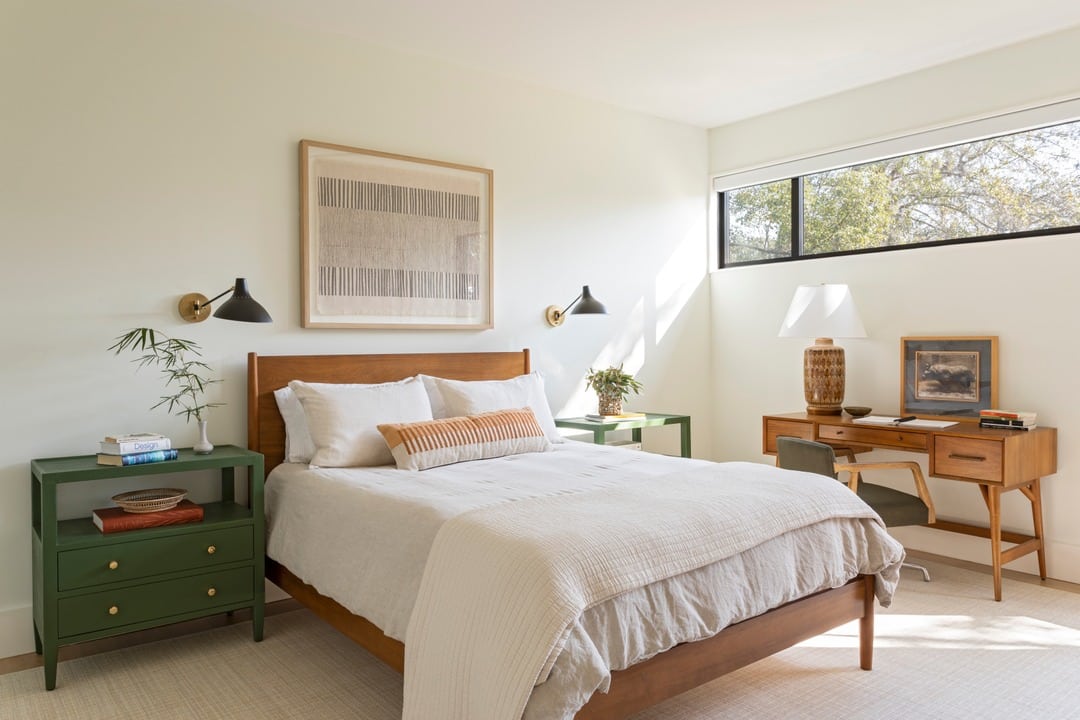 13. Soft Neutrals With Green Accents and Warm Wood - mid century bedroom ideas