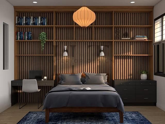 15. Walnut Paneling With Layered Lighting - mid century bedroom ideas