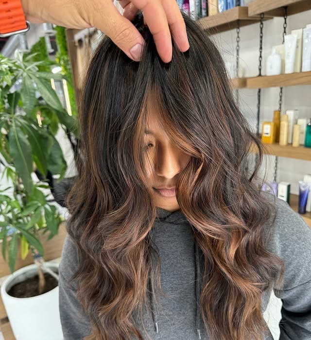 5. Dimensional Caramel Foilayage on Layered Lengths - Caramel Balayage with Highlights