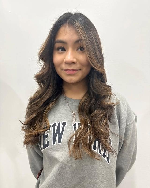 8. Extended Caramel Balayage on Long Cascading Waves - Caramel Balayage with Highlights