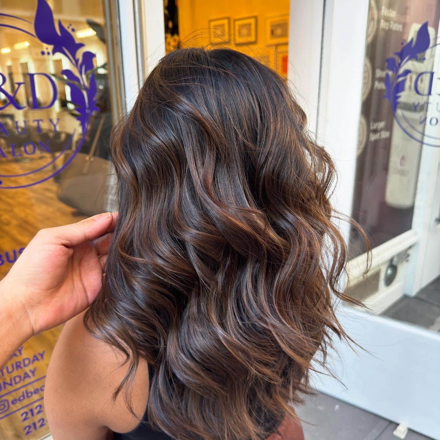 15. Deep Brunette with Caramel Ribbon Waves - Caramel Balayage with Highlights