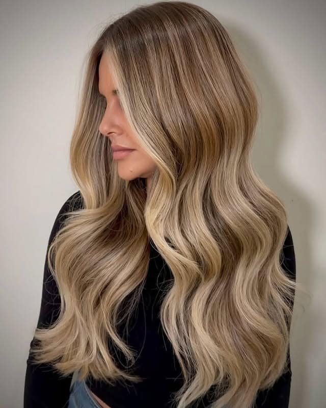 22. Soft Blonde Caramel Melt on Long Sculpted Waves - Caramel Balayage with Highlights